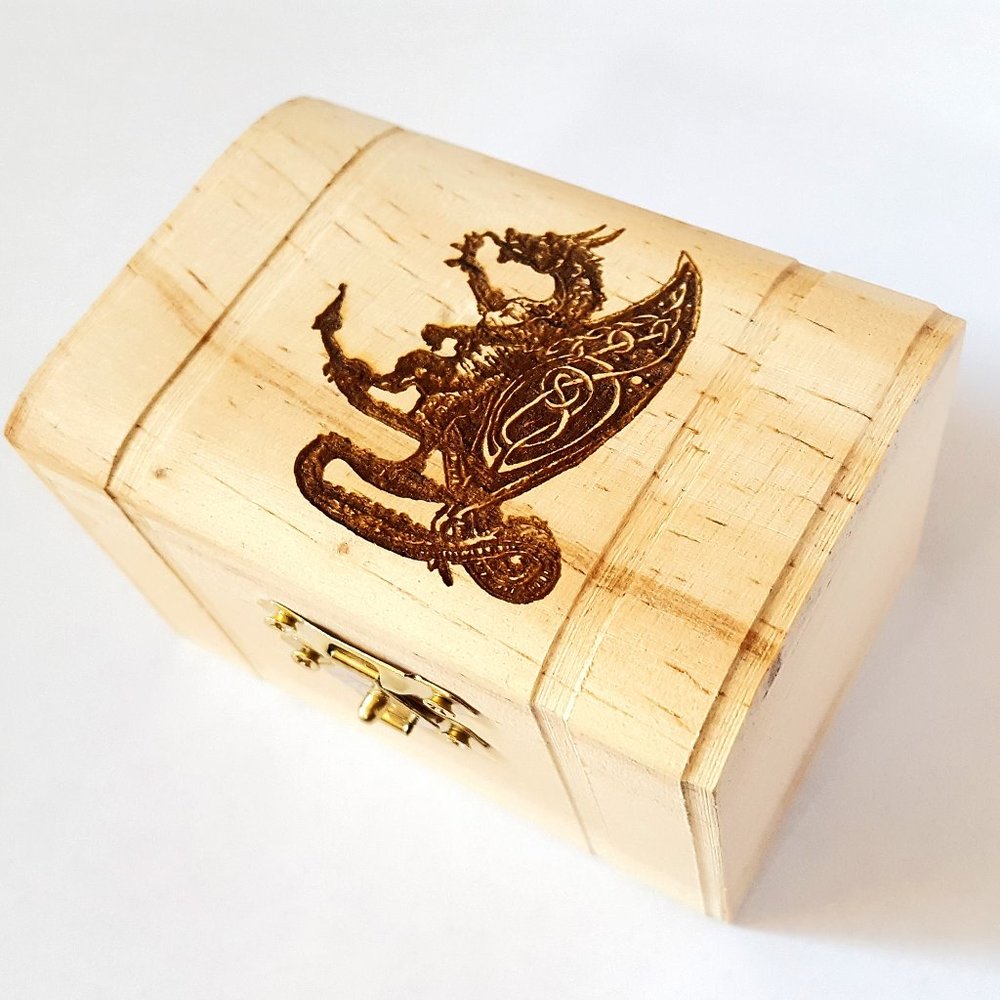 Celtic Dragon Small Wood Box, Latched Treasure Box